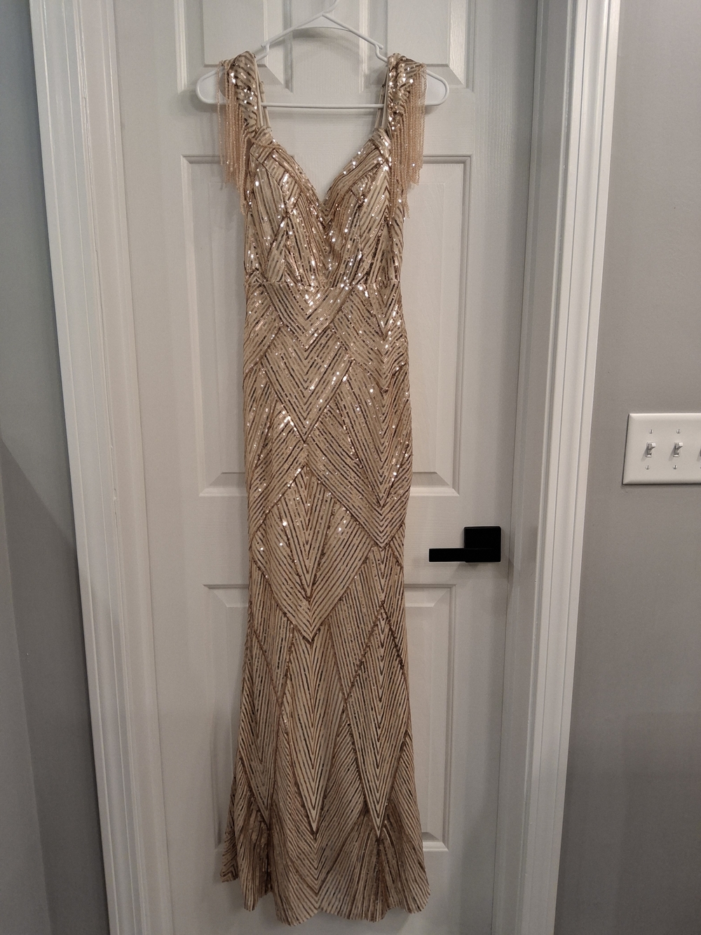 Beaded ROSE GOLD Sequin Evening Gown with Fringe Shoulders